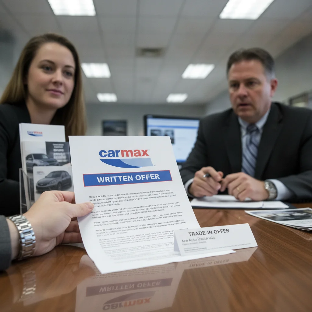 Person placing a competing written trade-in offer from CarMax on a dealership negotiation desk.