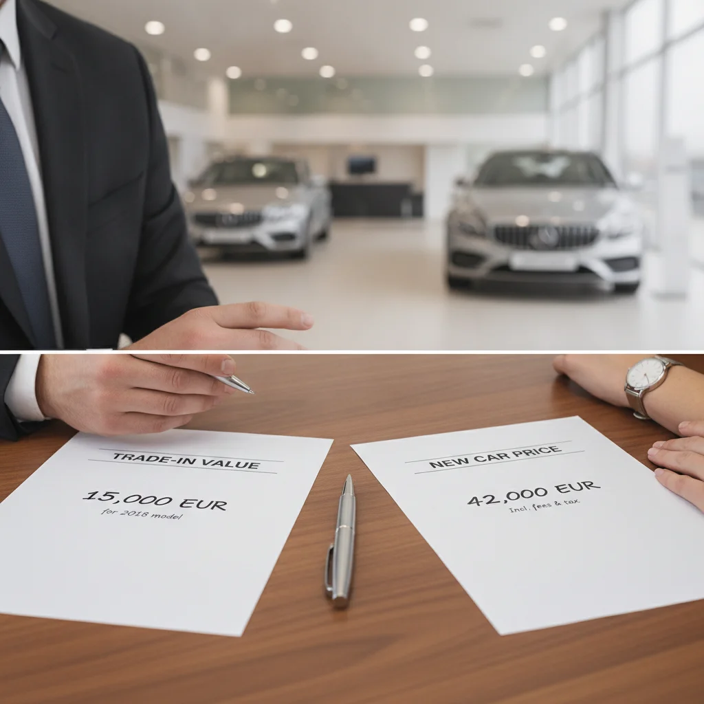 Two separate negotiation documents on a desk showing trade-in value and new car price as distinct line items.