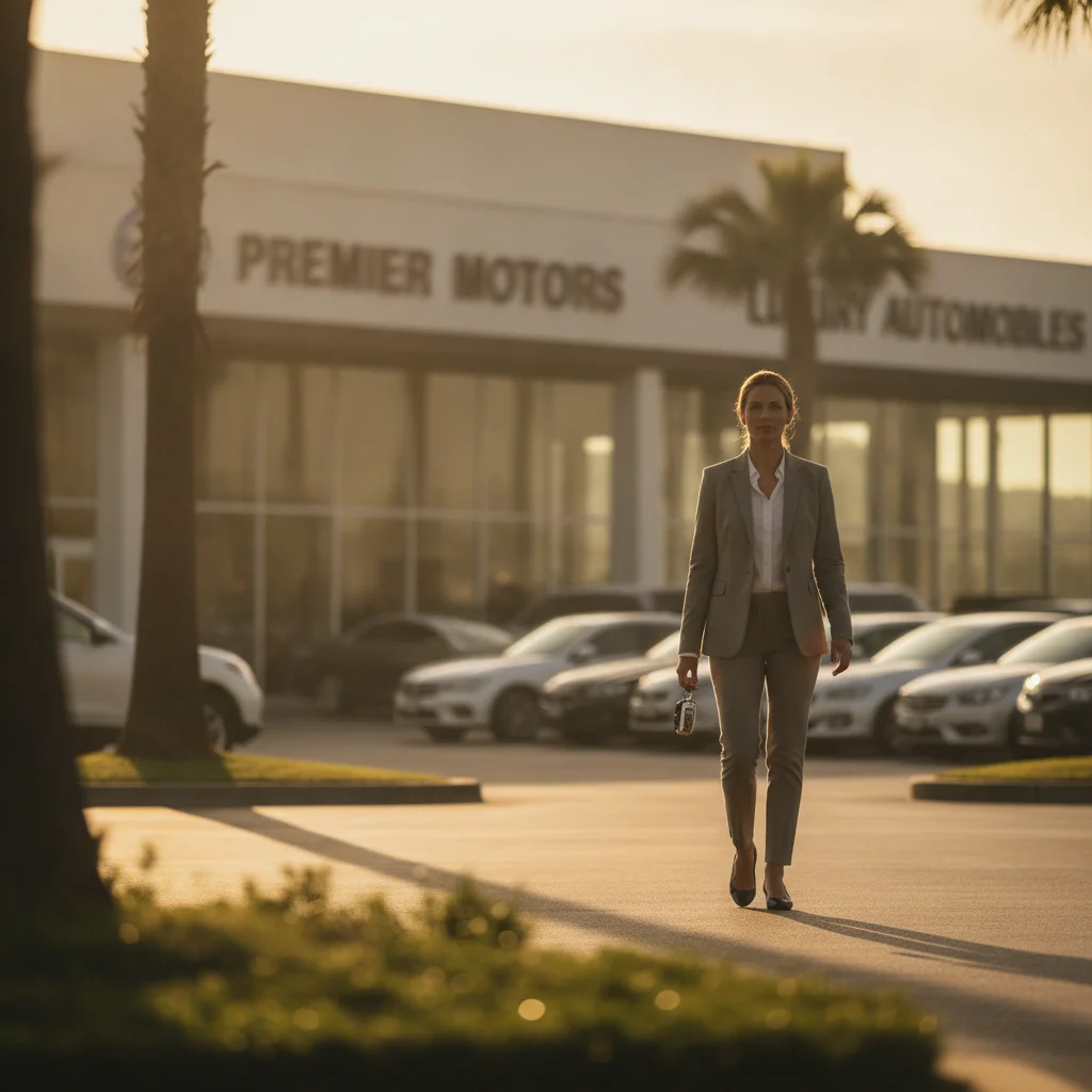 Person walking away from a car dealership with keys in hand, symbolizing the decision to walk away from a bad trade-in offer.