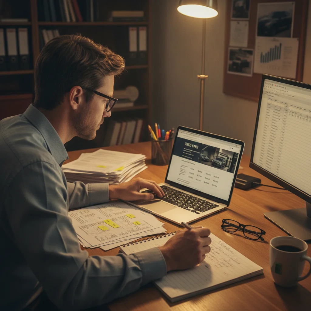 Person researching used car prices on a laptop with printed comparable listings on a desk.