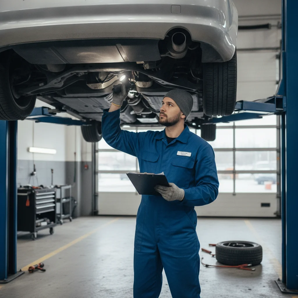 Mechanic inspecting the underside of a used car on a lift with clipboard and flashlight.