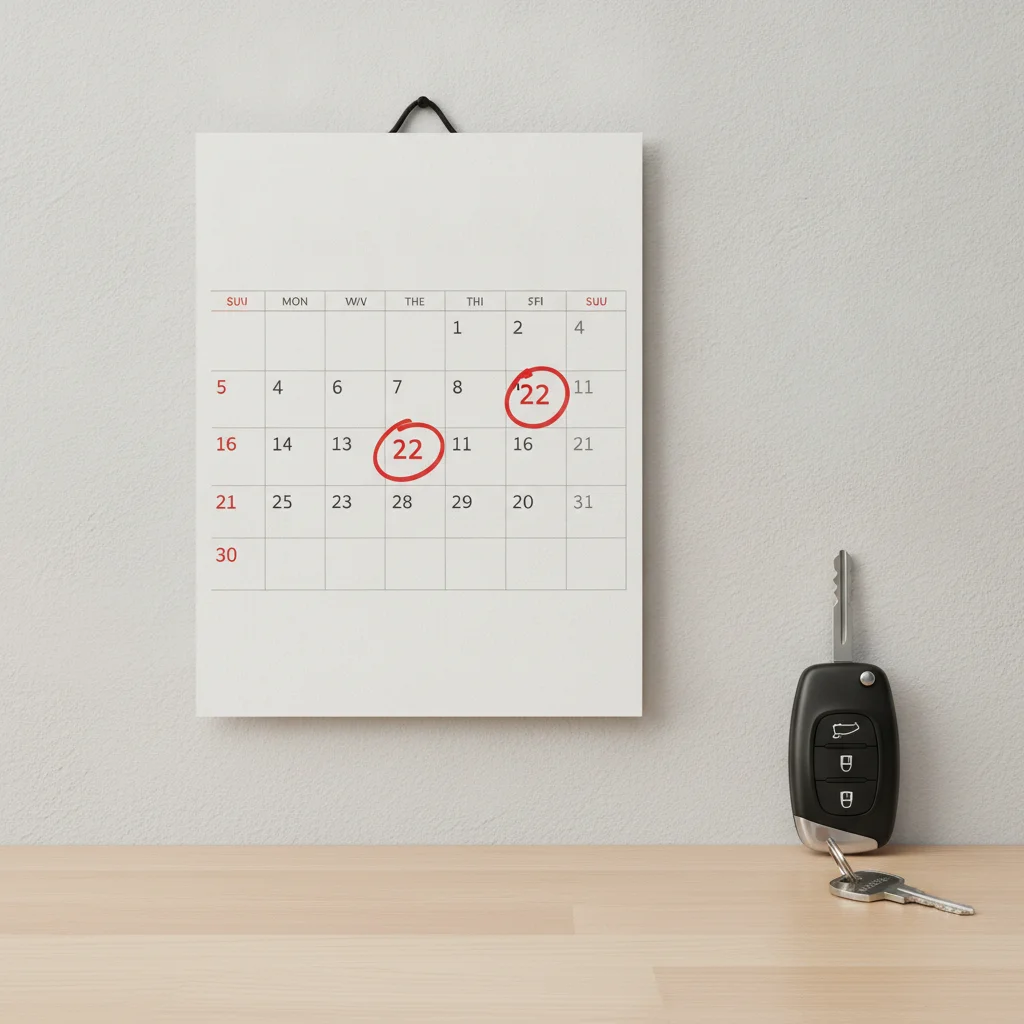 Wall calendar with key dates circled in red next to a car key on a desk.