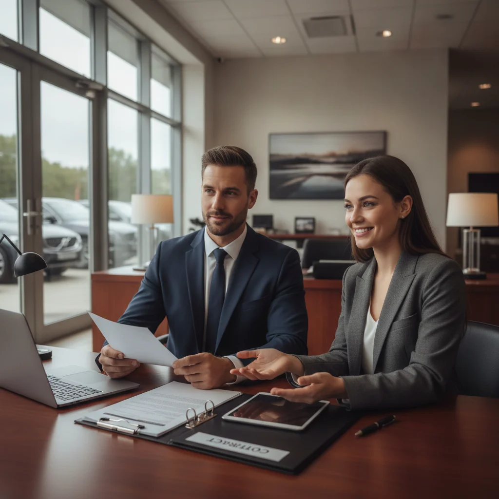 Buyer presenting printed documents to a car dealer during a price negotiation at a dealership.