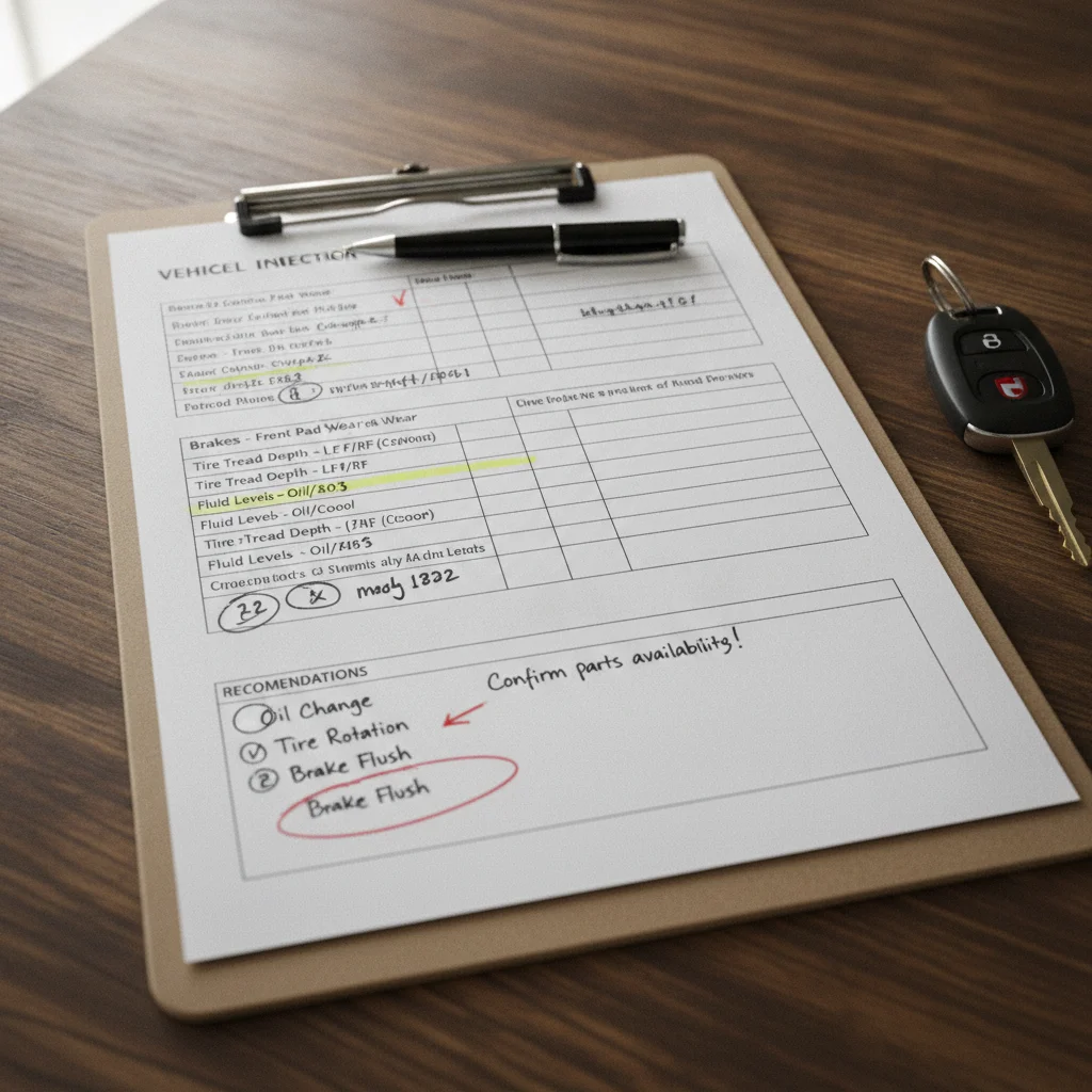 Printed pre-purchase inspection report on clipboard with highlighted findings and car key on table.
