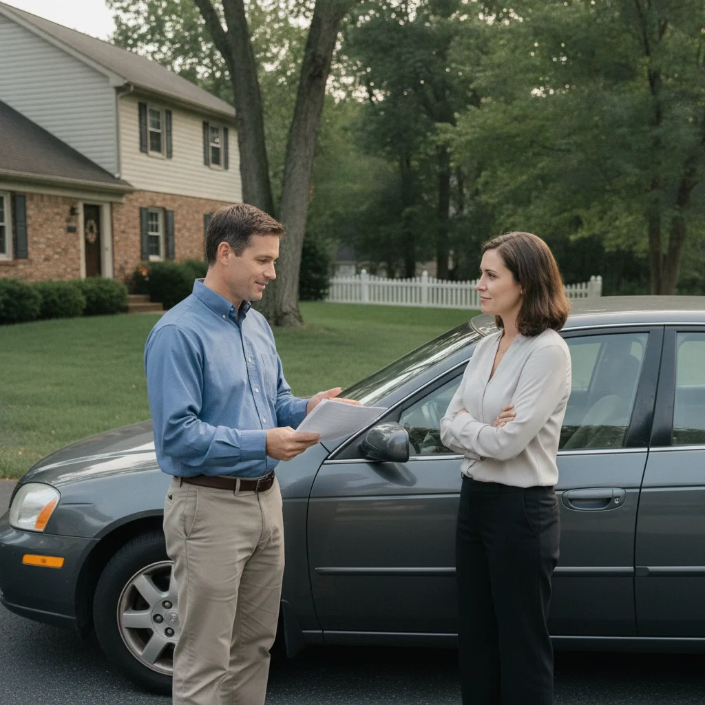 Buyer and seller having a calm discussion beside a used car in a residential driveway.