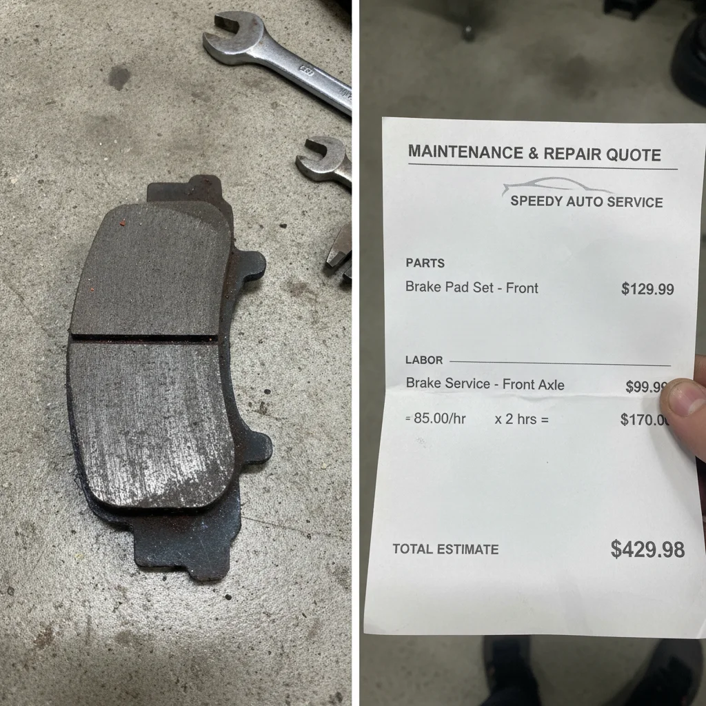 Worn brake pad alongside a mechanic's shop repair estimate illustrating documented repair costs.