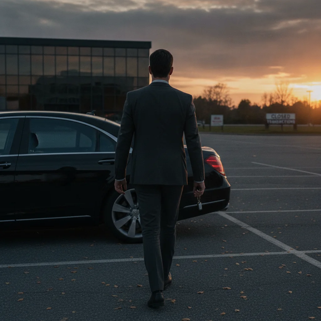 Person walking away from a used car in a parking lot, keys in hand, making a walk-away decision.