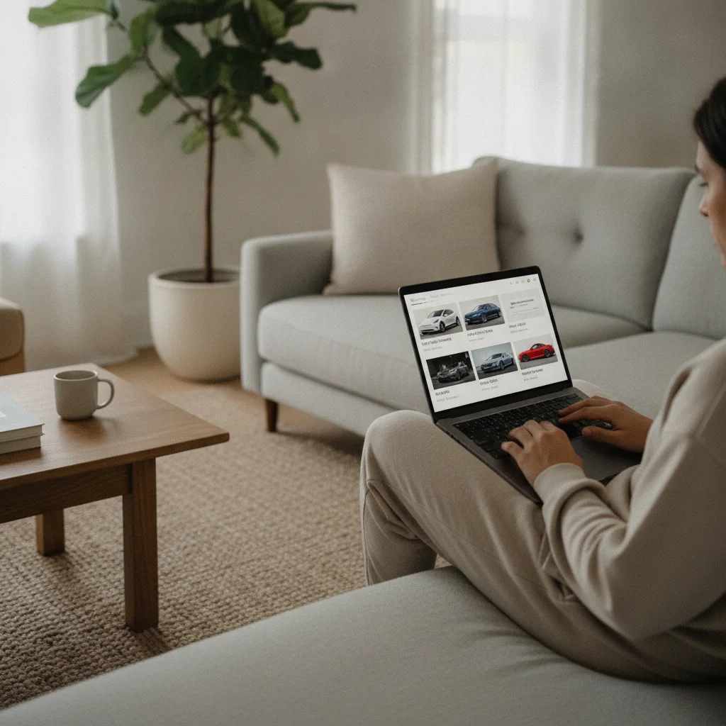 Person browsing an online car buying platform on a laptop at home showing vehicle listings and prices
