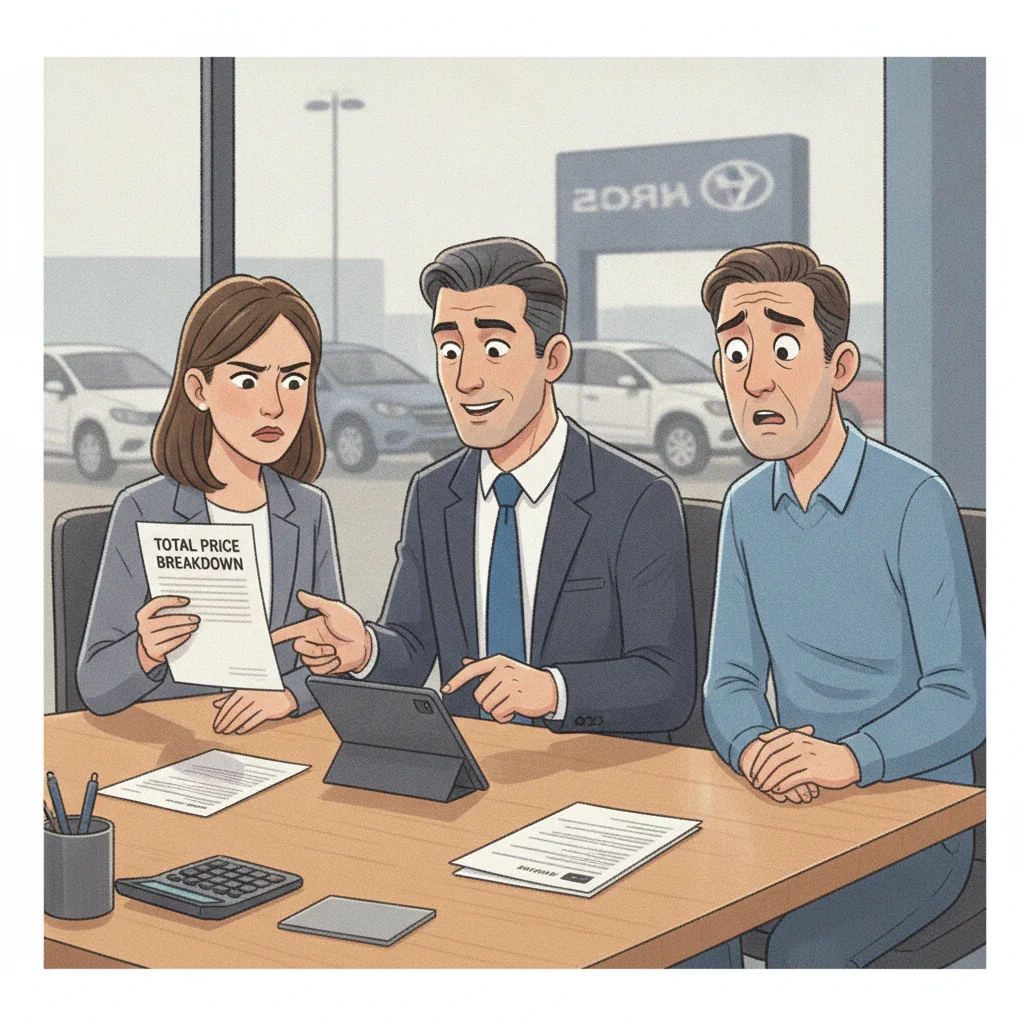 Two car buyers reviewing a price breakdown document with a dealership finance manager at a desk