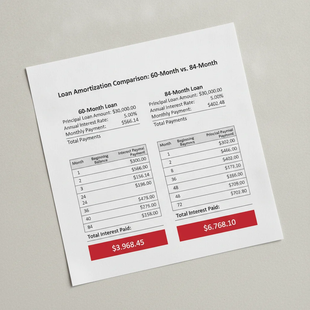 Loan amortization comparison table showing 60-month versus 84-month loan total interest costs
