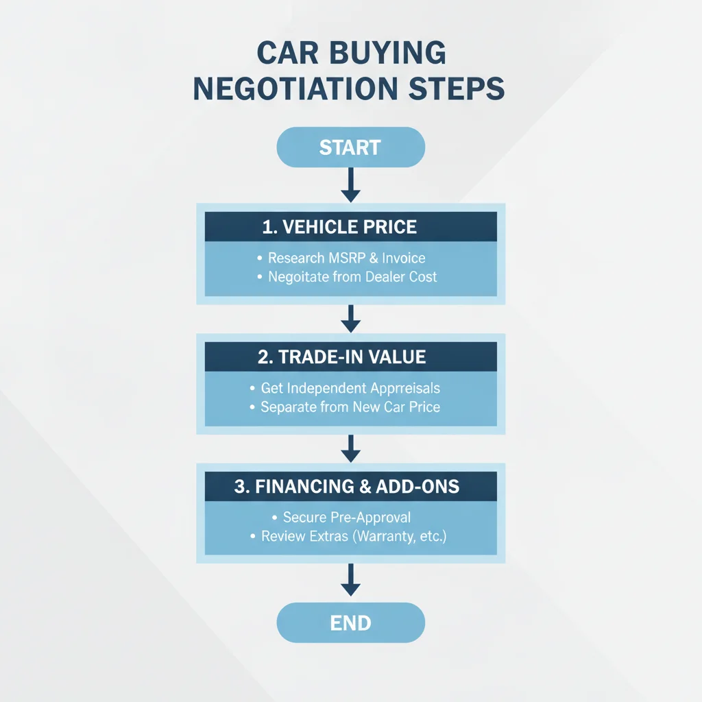 Flowchart illustrating the correct sequential steps for car buying negotiation from vehicle price to financing