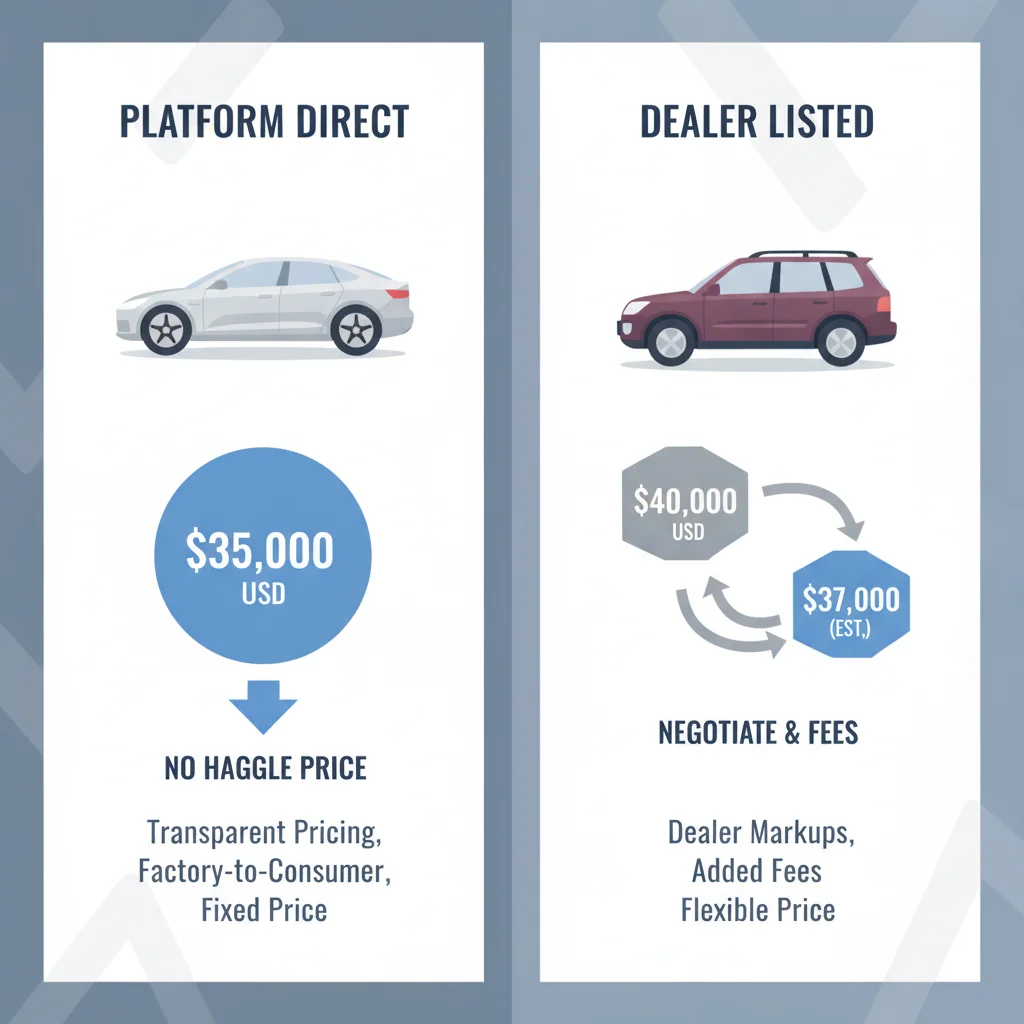 Infographic comparing platform-direct car listings versus dealer-listed fixed-price car listings