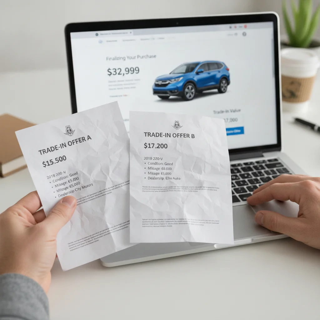 Car buyer holding printed competing trade-in offer sheets while reviewing an online car purchase listing