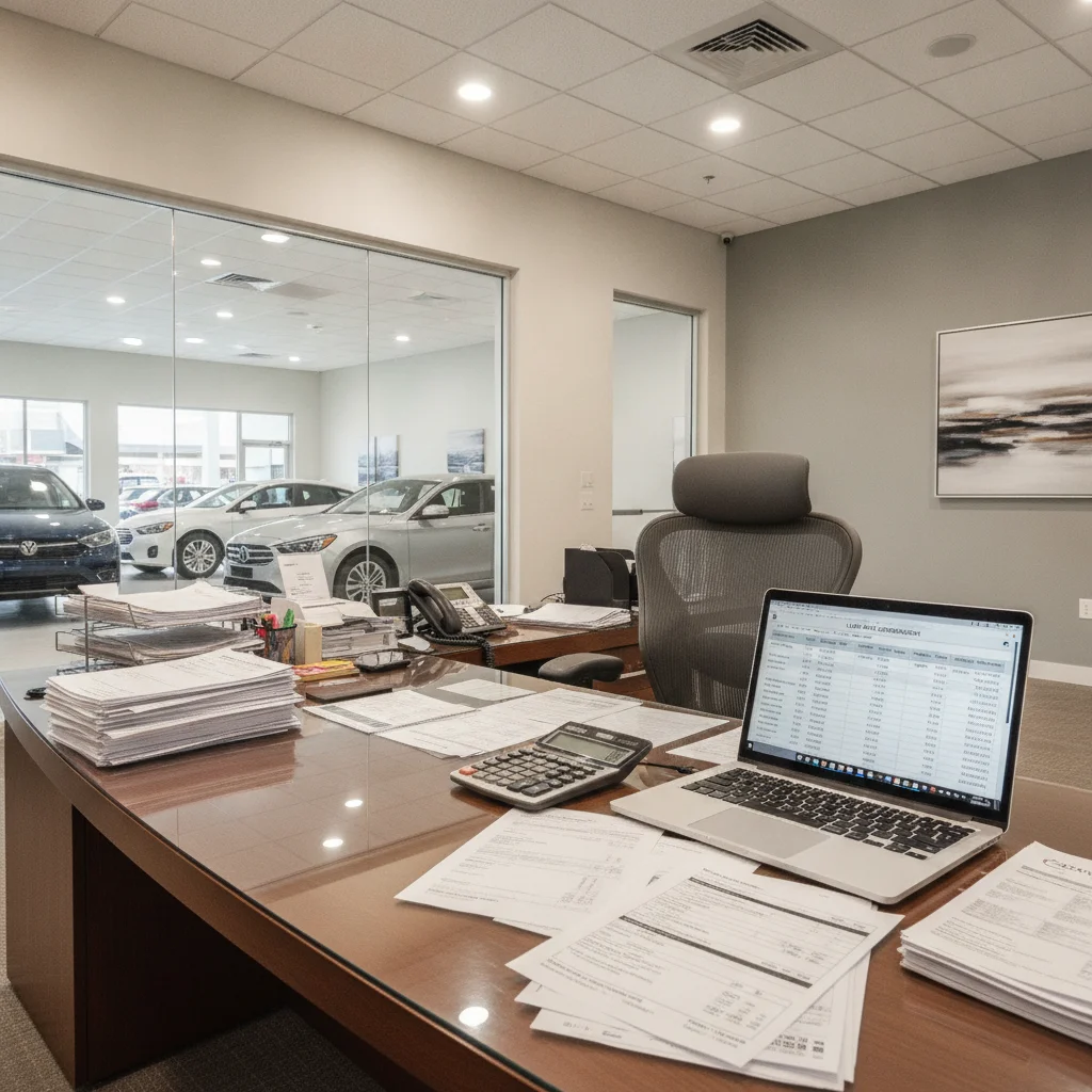 Car dealership finance office desk with loan paperwork, calculator, and rate comparison on screen