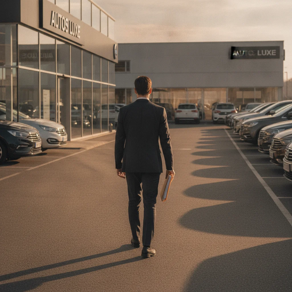 Car buyer walking away from a dealership entrance holding negotiation documents, signaling a productive exit