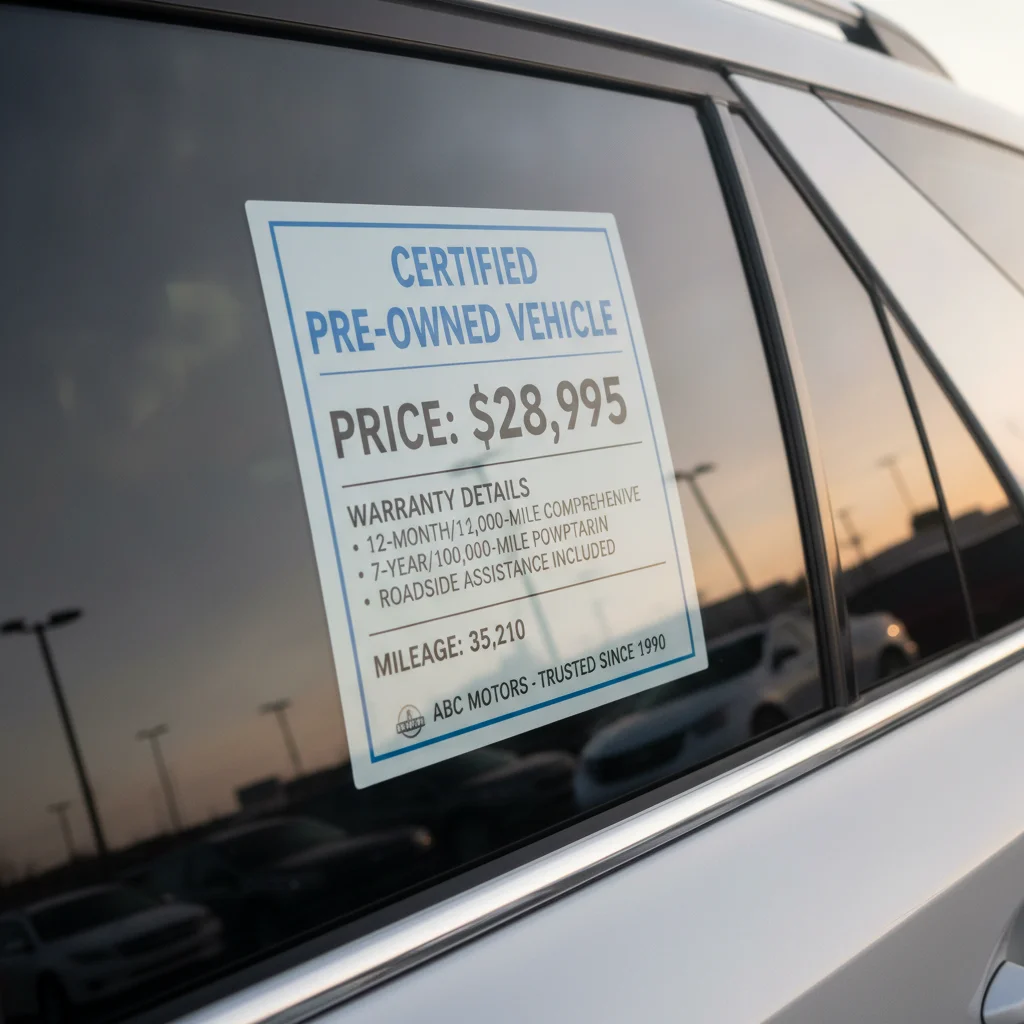 CPO vehicle window sticker showing price, warranty coverage, and mileage details at a dealership