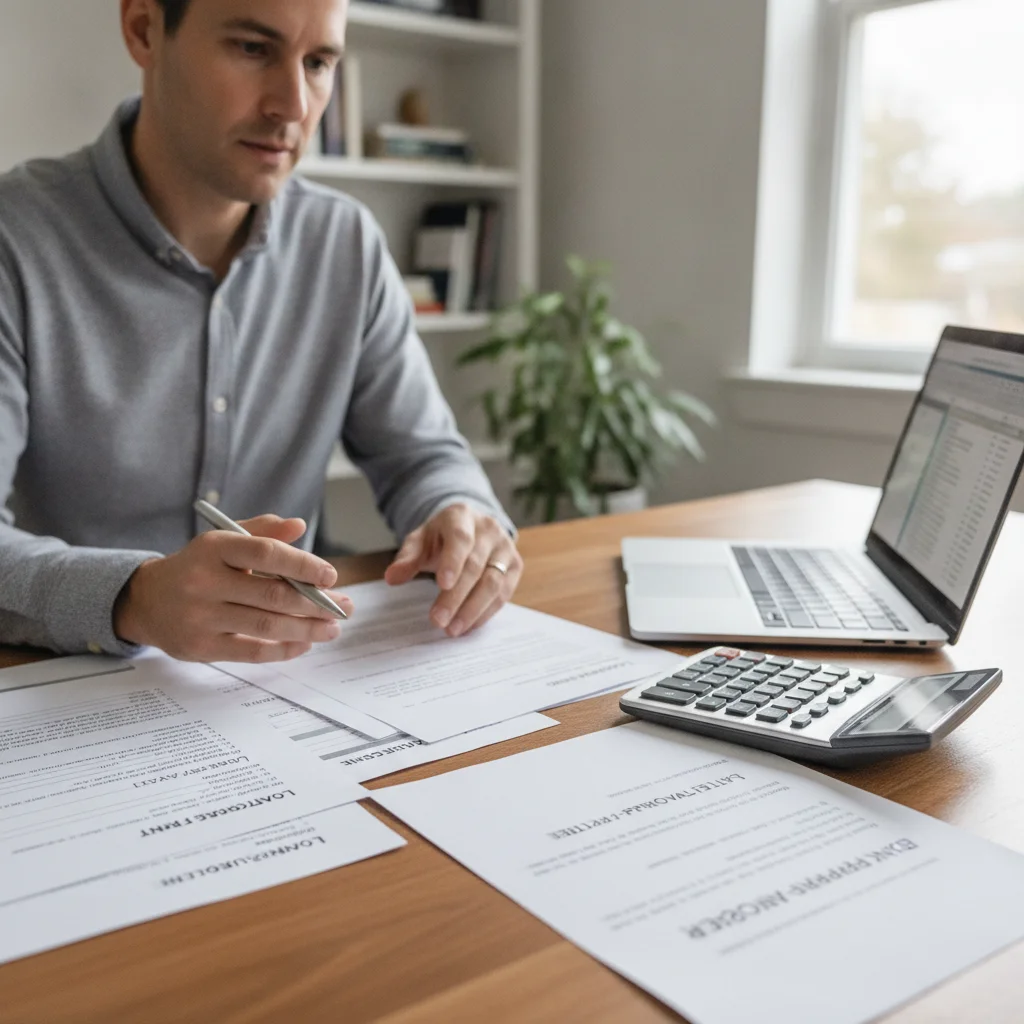 Person comparing auto loan pre-approval letter with dealer financing documents at a home desk