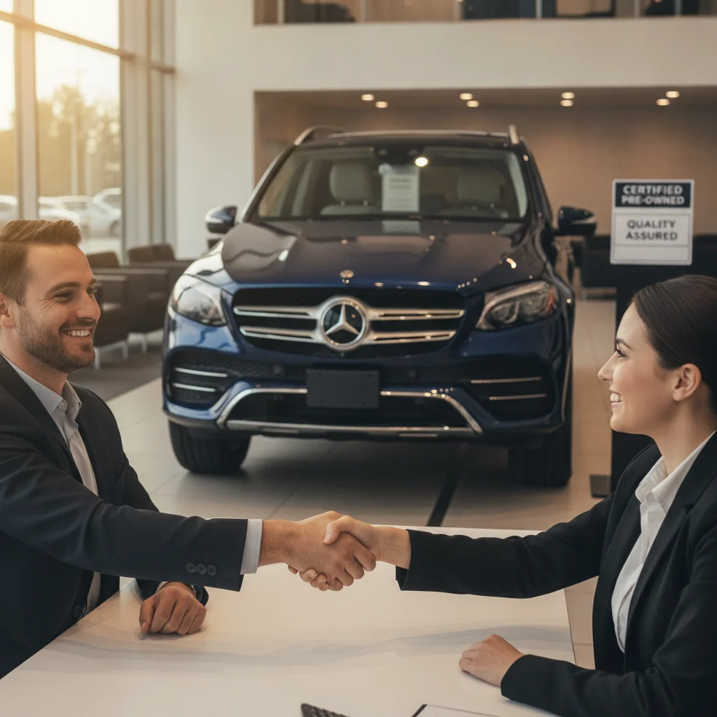 Car buyer and salesperson shaking hands after completing a certified pre-owned vehicle deal in a showroom