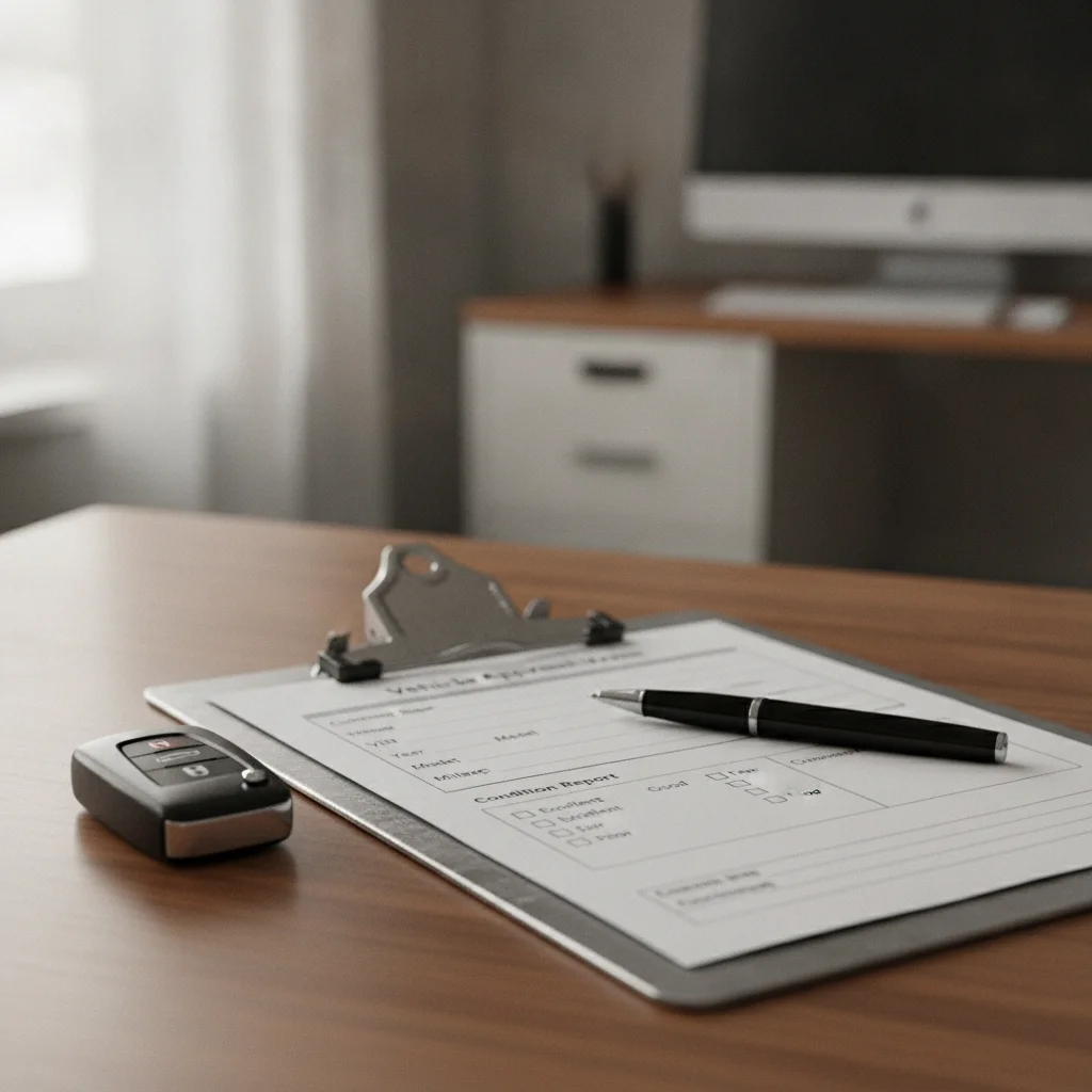 Vehicle appraisal form on a clipboard with a pen and car key on a dealership desk