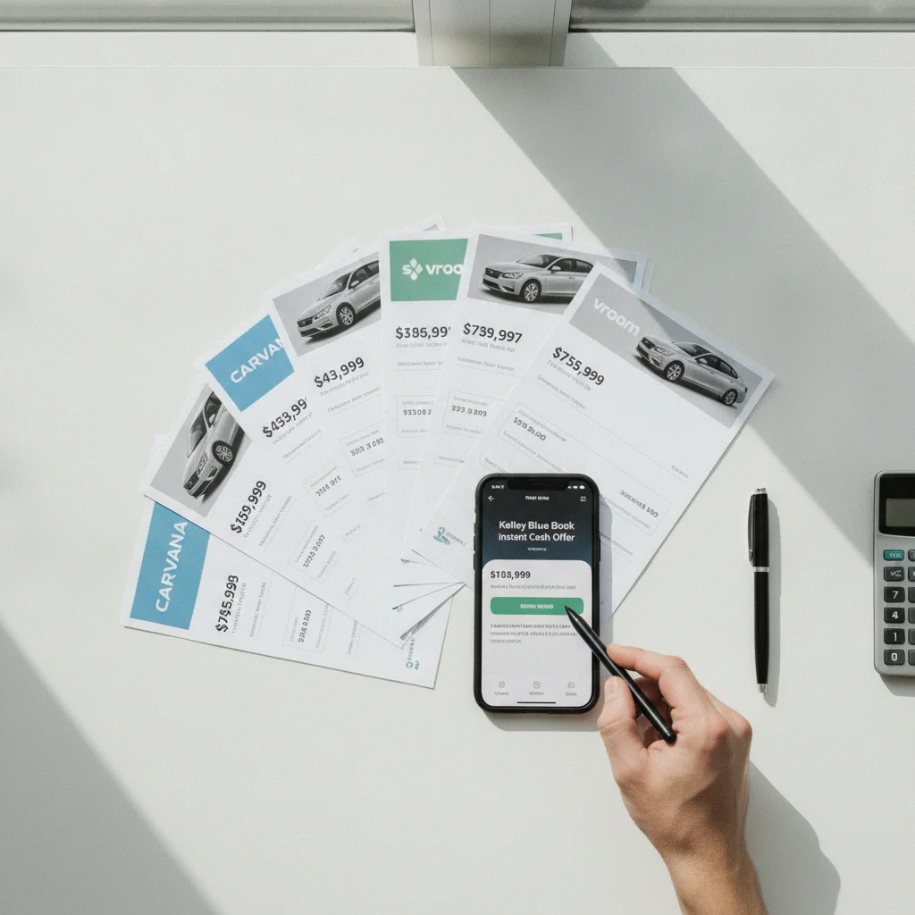 Printed competing trade-in quotes and smartphone with vehicle valuation website shown from above