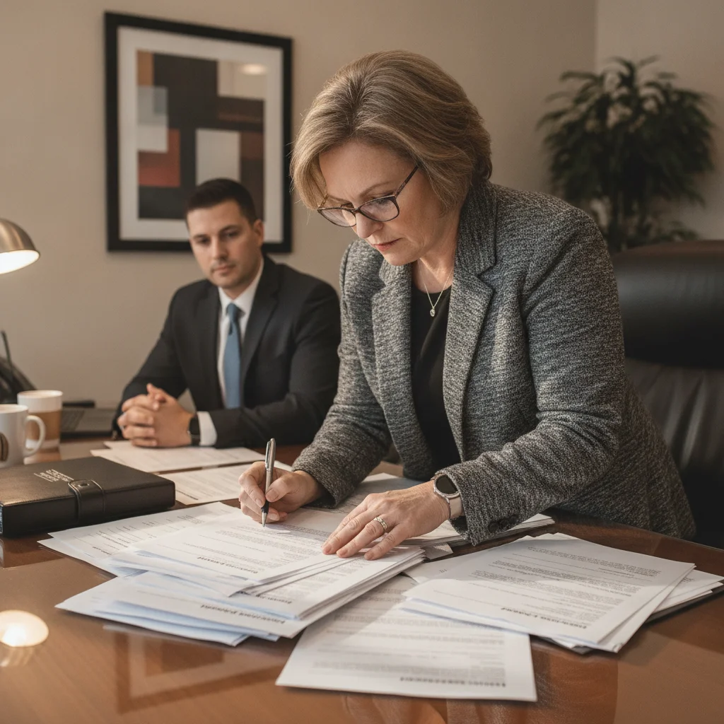 Car buyer reviewing purchase agreement paperwork at a dealership finance office