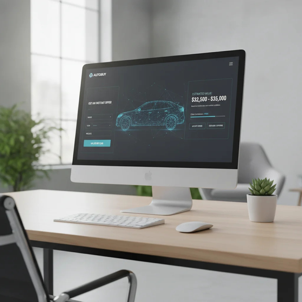 Desktop monitor displaying a car valuation interface from an instant offer platform