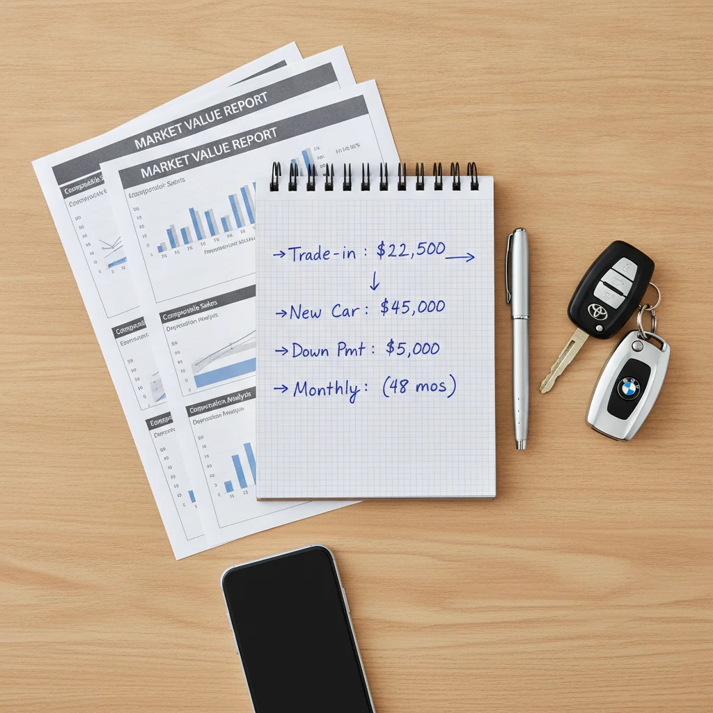 Notepad with handwritten car offer figures next to vehicle keys and printed market reports
