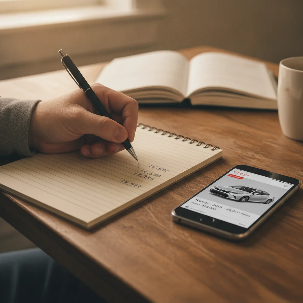 A seller writing down target price numbers on a notepad next to a phone with a car listing