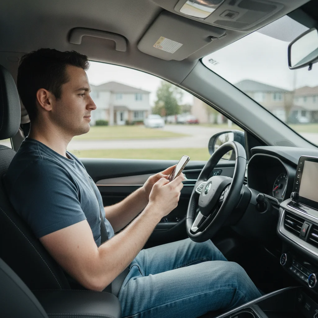 A prospective buyer in a car during a test drive reviewing information on a smartphone