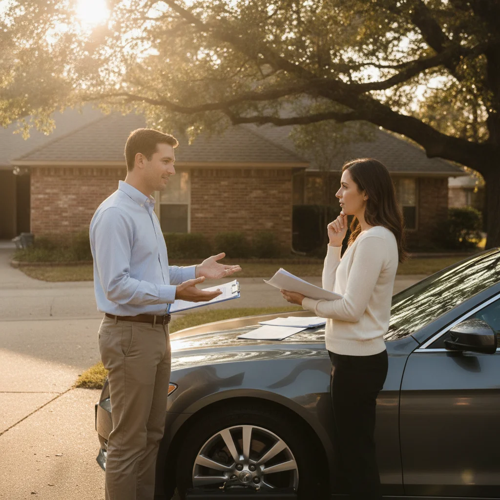 Two people calmly discussing a car sale beside a parked vehicle in a driveway with paperwork