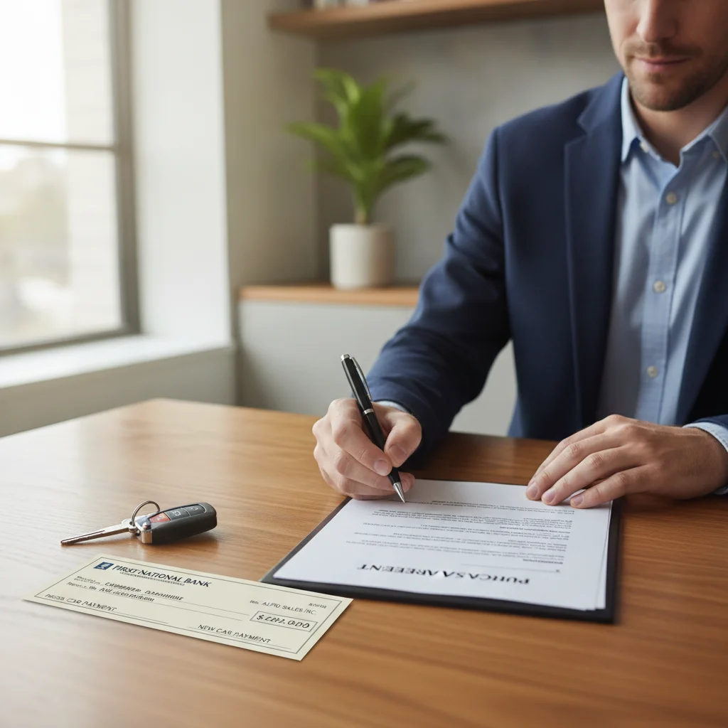Person signing a bill of sale with car keys and a cashier's check on the table
