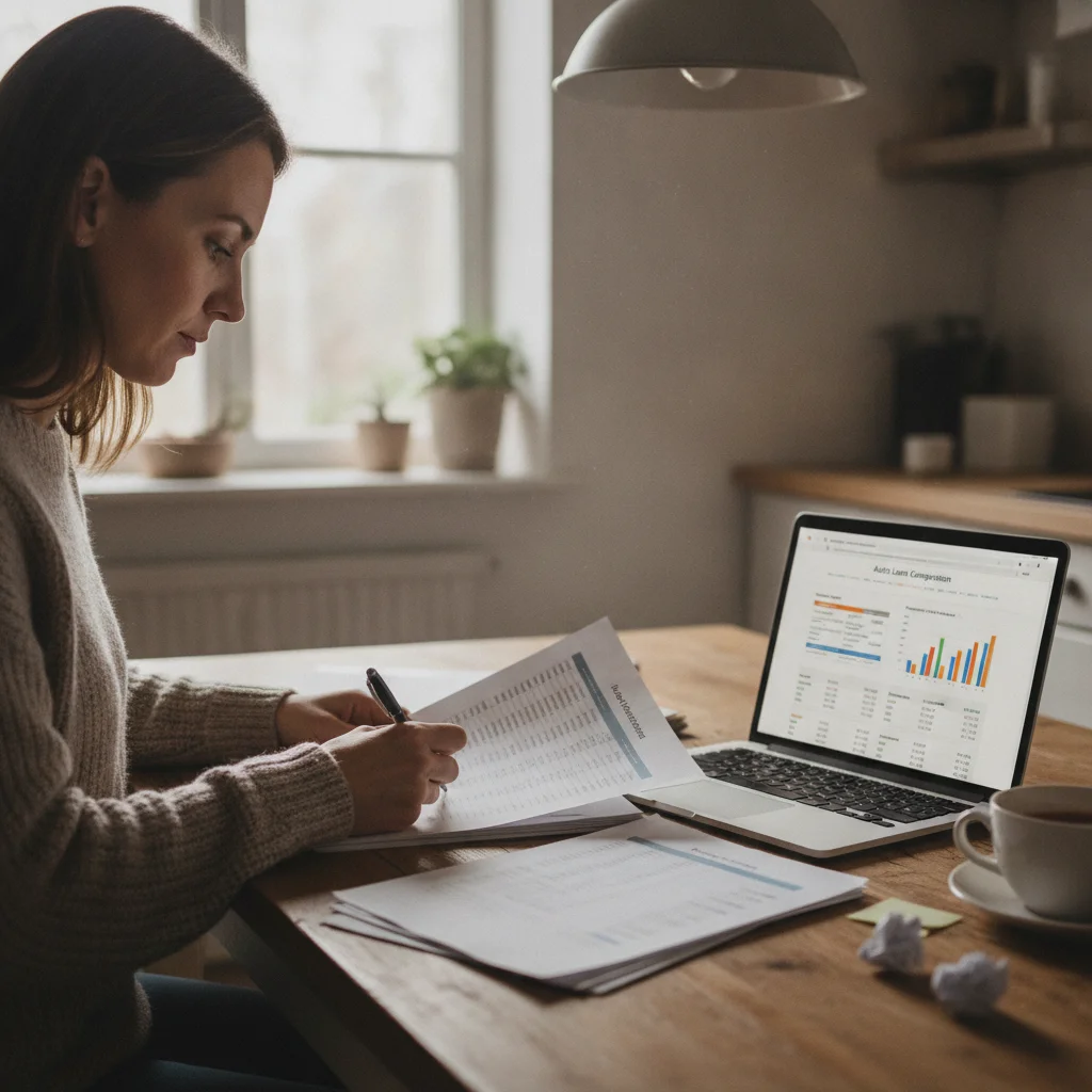 Car buyer preparing for a dealership negotiation by researching prices at home.