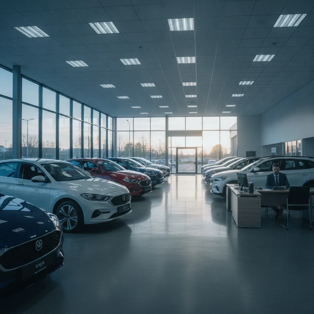 Empty dealership showroom with rows of new cars in the early morning.