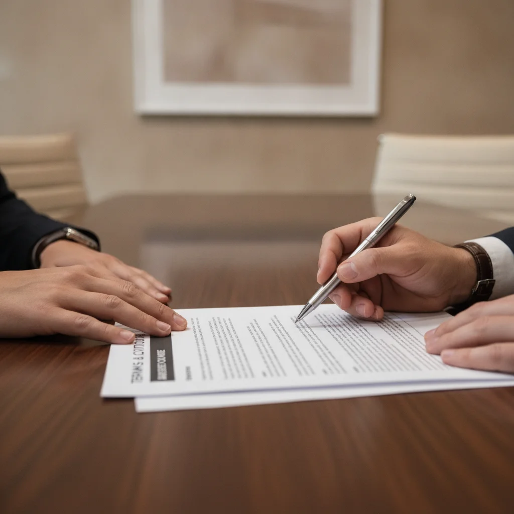 Two hands across a negotiation table with a document and pen between them.