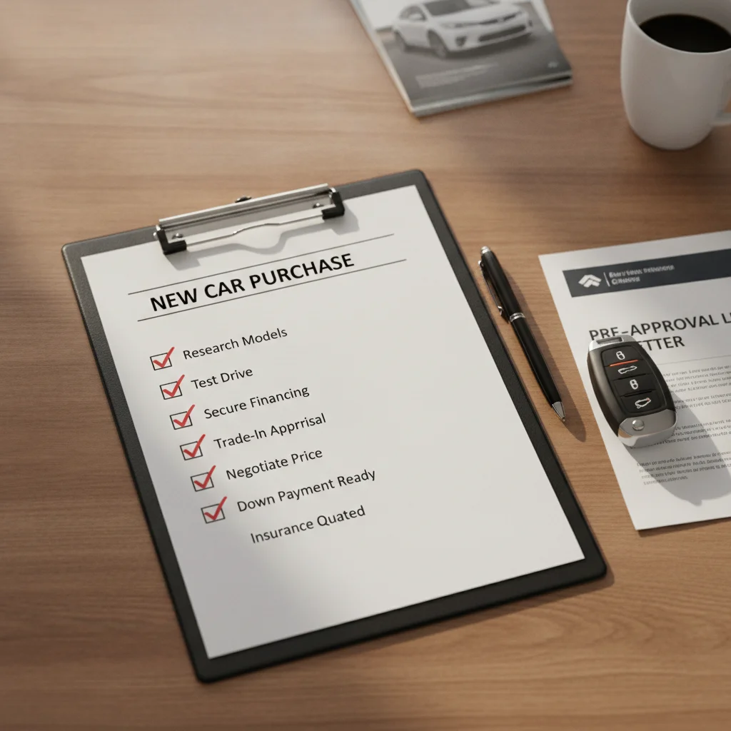 A negotiation preparation checklist with car key and pre-approval letter on a desk.