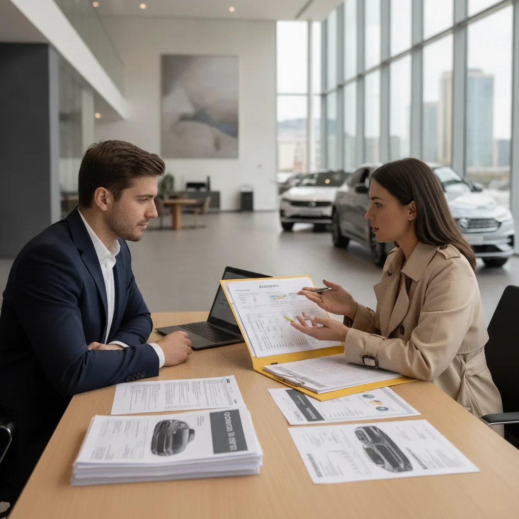 A car buyer and salesperson reviewing documents at a dealership desk with research materials