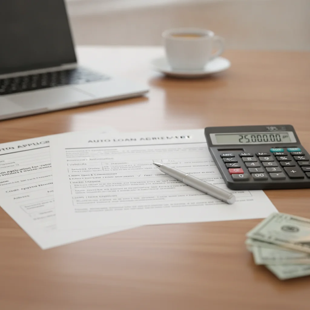 Auto loan documents and calculator on a desk in a dealership finance office