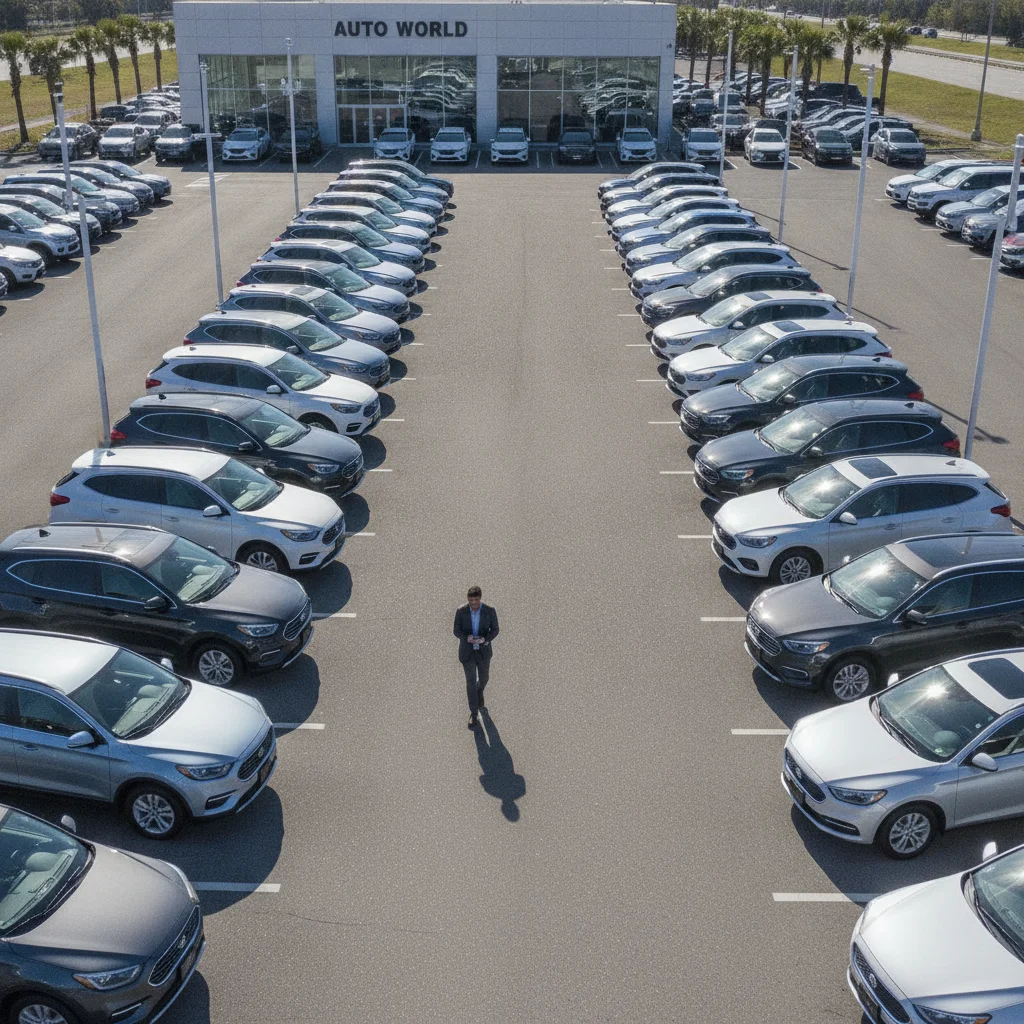 Aerial view of a car dealership lot with rows of new vehicles and a shopper taking notes