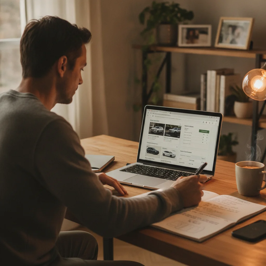 A car shopper researching dealers and loan rates online at a home desk before visiting a dealership