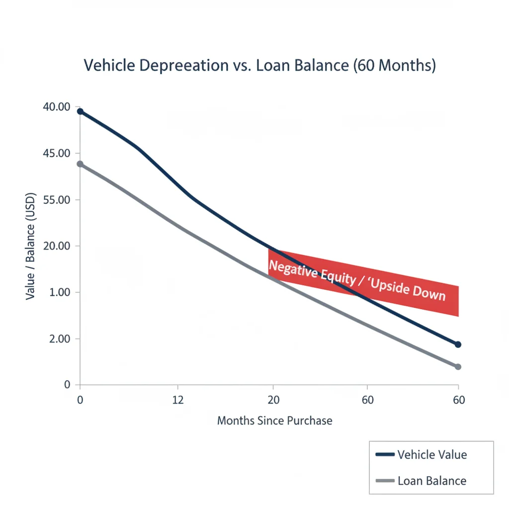 Graph showing vehicle depreciation curve versus loan balance paydown over a five-year loan term