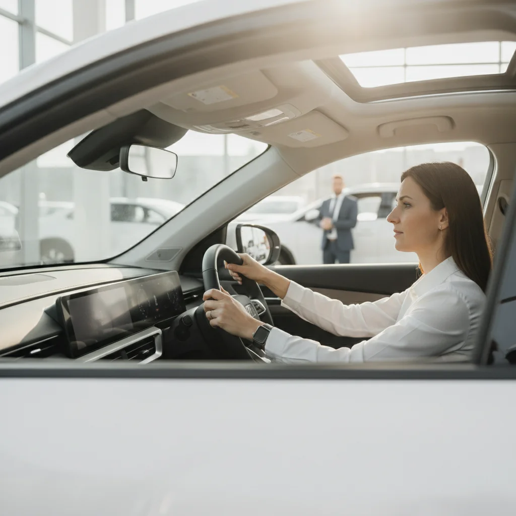 Buyer seated in a new car adjusting steering wheel and checking sightlines at a dealership