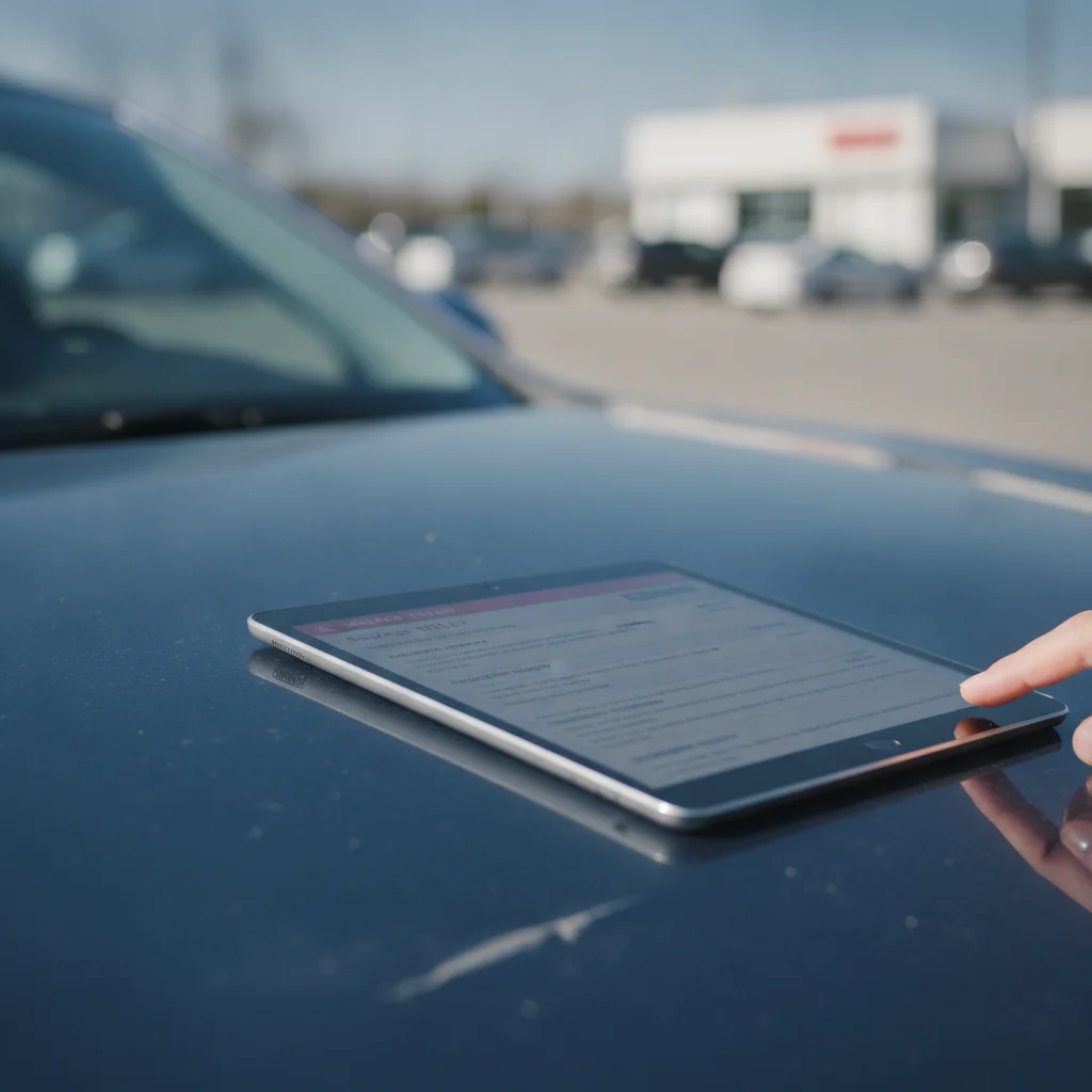 Vehicle history report displayed on a tablet resting on a used car hood outdoors