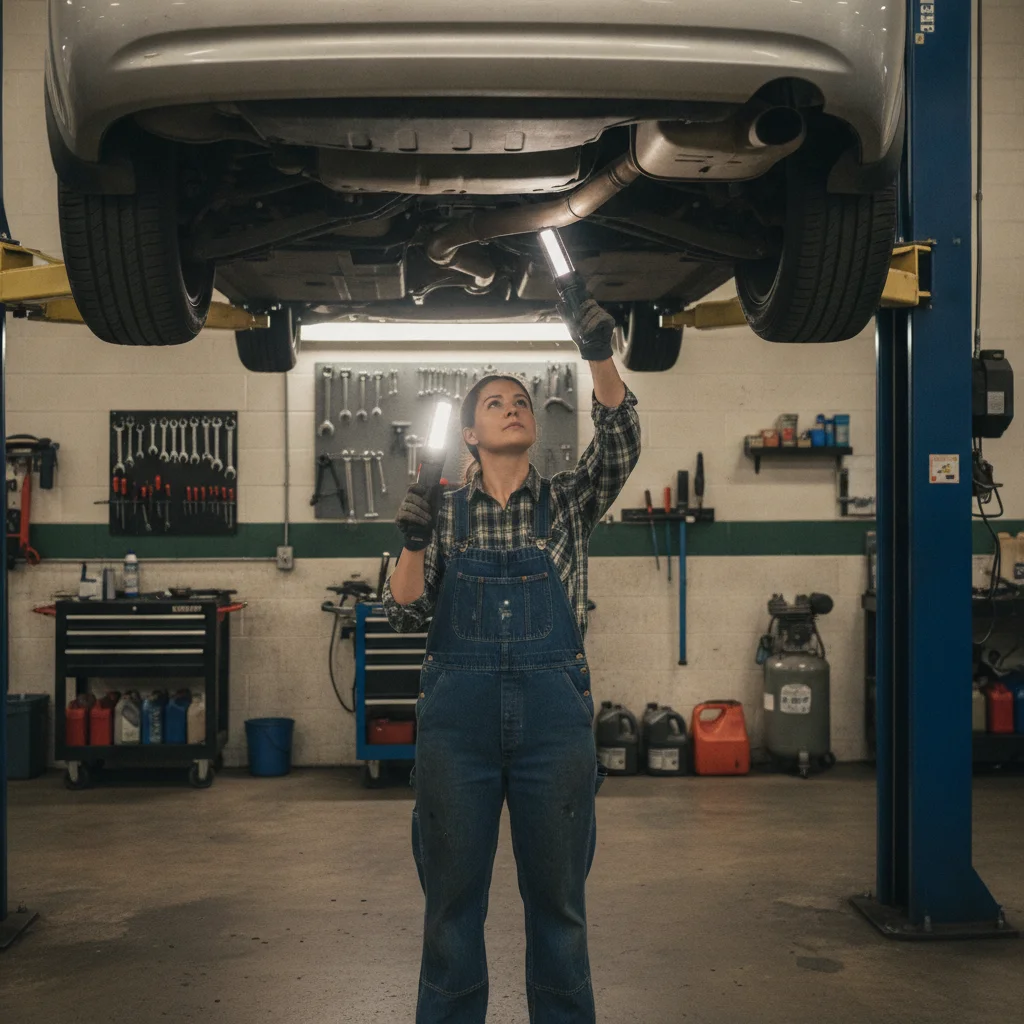 Independent mechanic using a flashlight to inspect a vehicle undercarriage on a shop lift