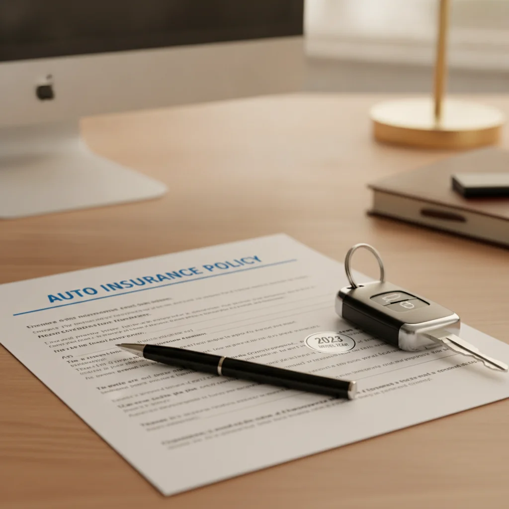 Car insurance document next to car keys and a model year sticker representing premium factors