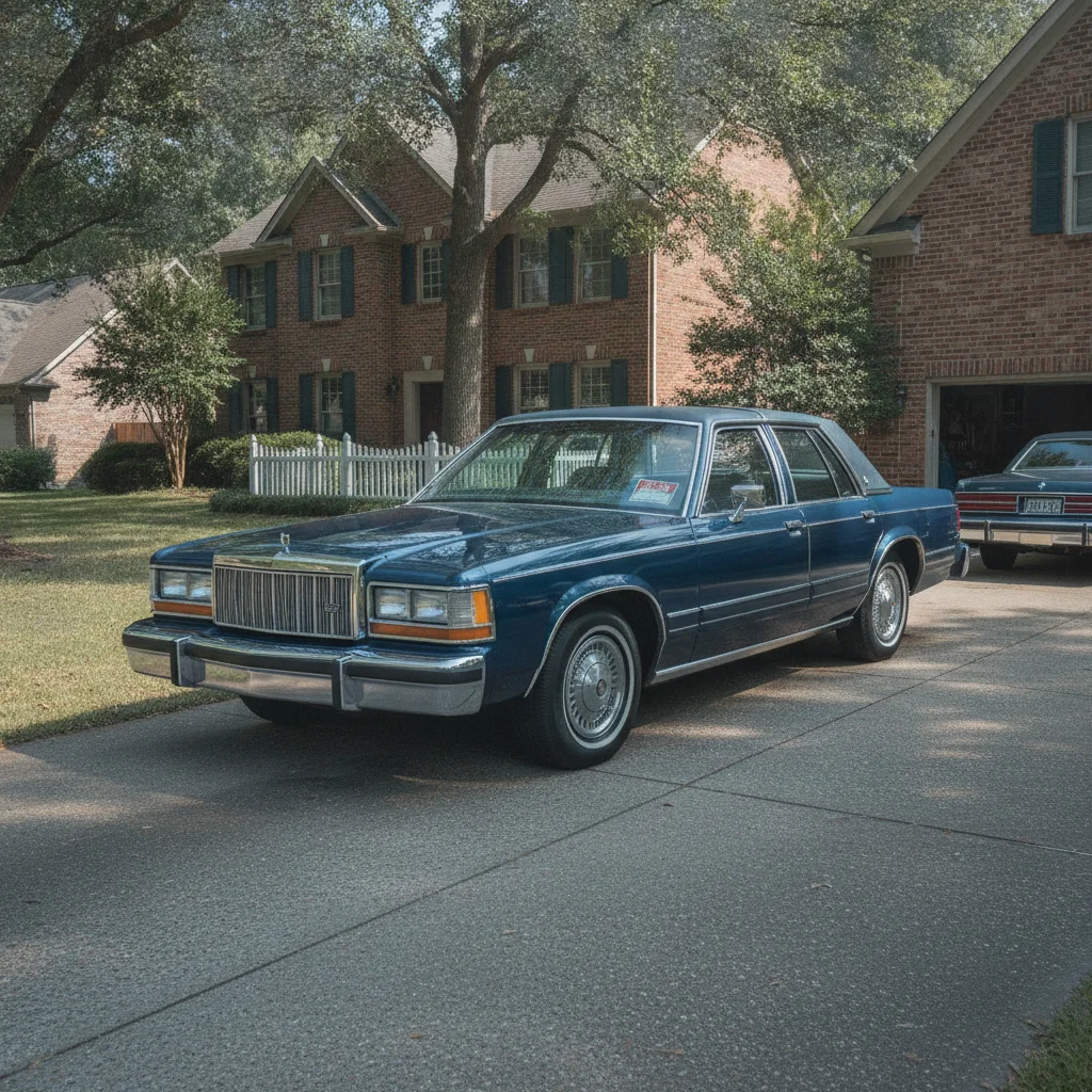 A well-maintained older sedan parked in a residential driveway on a sunny day