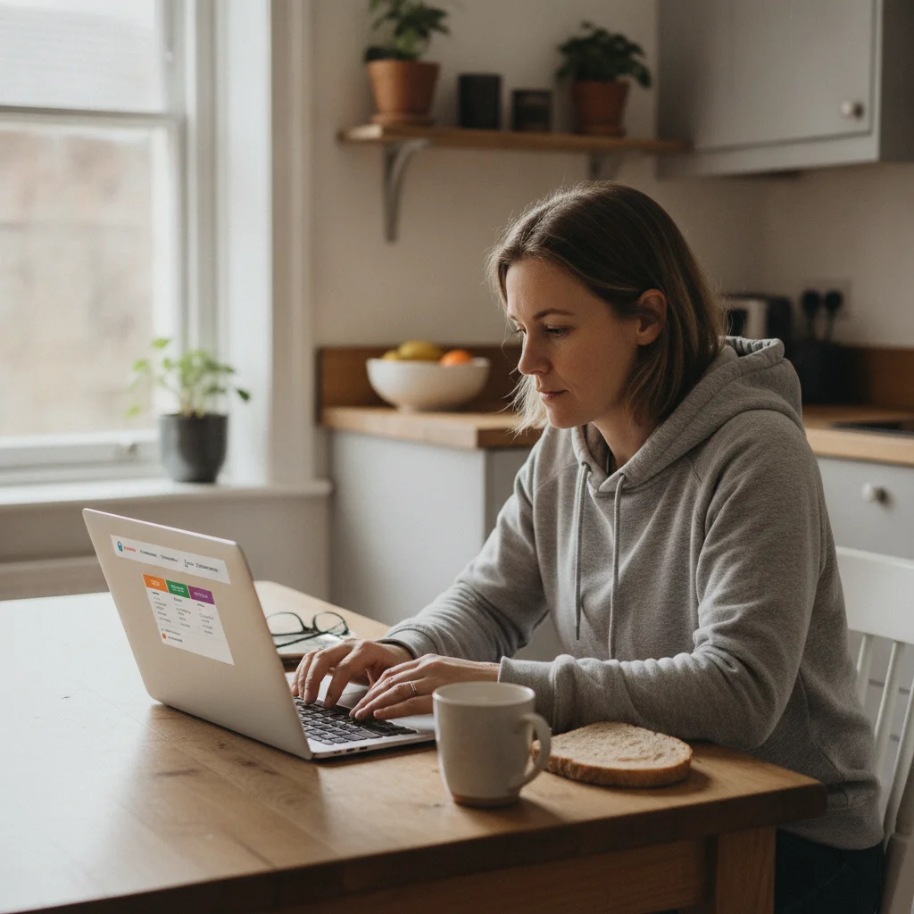 Person comparing car insurance quotes on a laptop computer at home