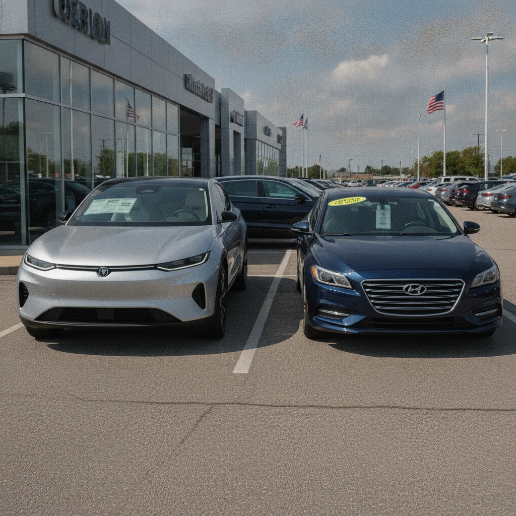 New car with sticker price tag next to a certified pre-owned older vehicle at a dealership lot