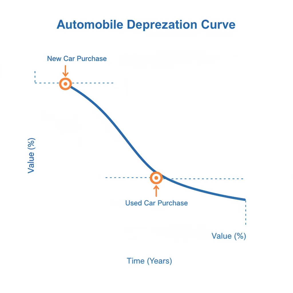 Graph showing the depreciation curve with new and used car entry points marked at different stages