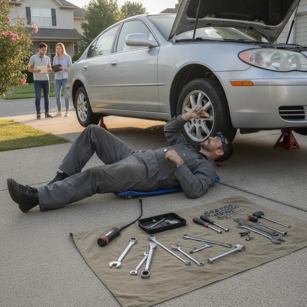 A mechanic conducting a thorough pre-purchase inspection of a used car on a driveway