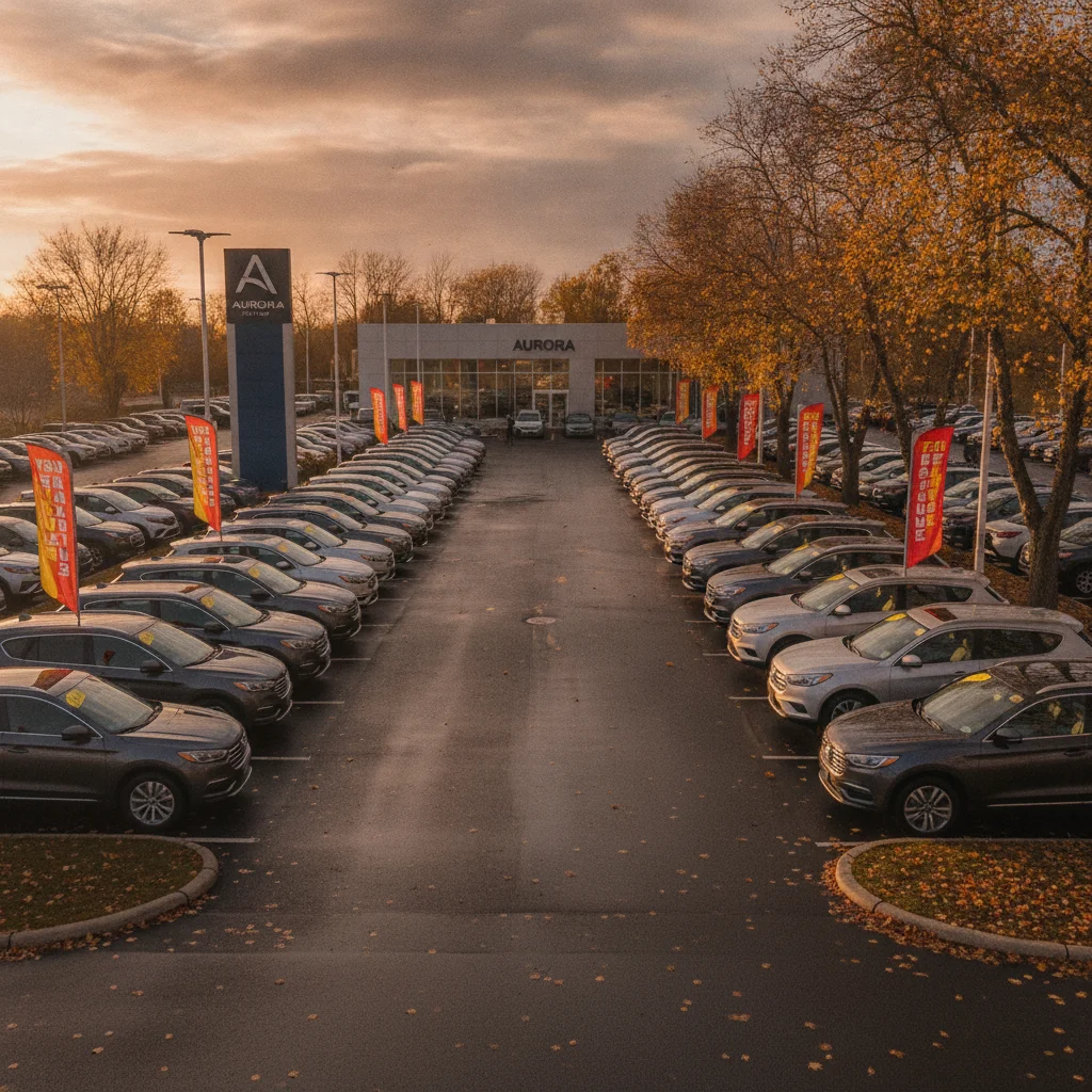 Rows of new cars on a dealership lot with seasonal sale signage during model year clearance
